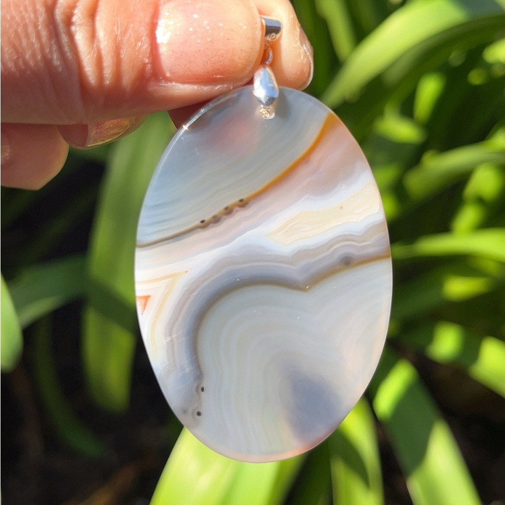 Sterling silver large oval grey‎ banded agate pendant 1311